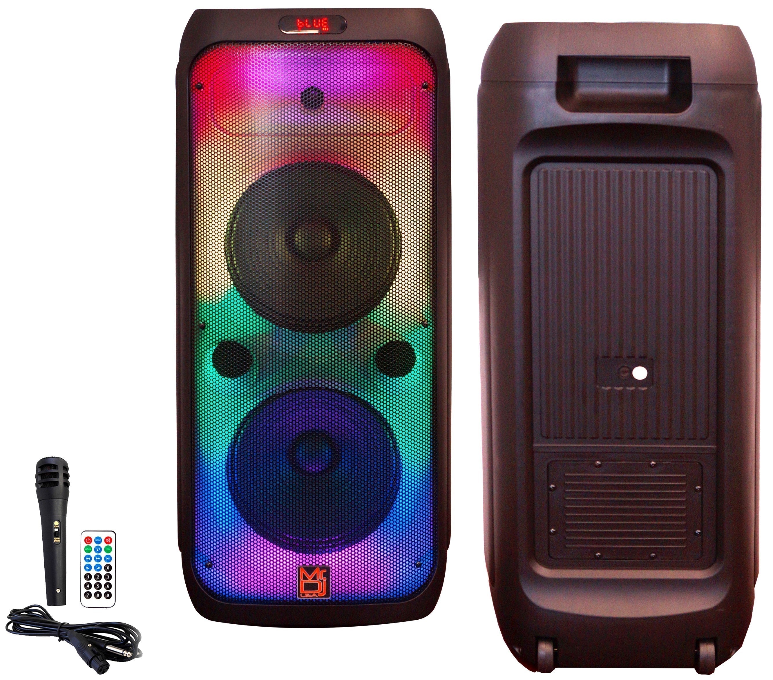 MR DJ FLAME4200 10" X 2 Rechargeable Portable Bluetooth Karaoke Speaker with Party Flame Lights Microphone TWS USB FM Radio + 18-LED Moving Head DJ Light