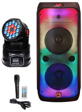 Load image into Gallery viewer, MR DJ FLAME4200 10" X 2 Rechargeable Portable Bluetooth Karaoke Speaker with Party Flame Lights Microphone TWS USB FM Radio + 18-LED Moving Head DJ Light