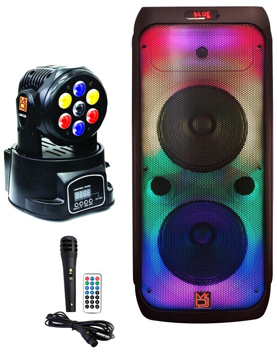 MR DJ FLAME4200 10" X 2 Rechargeable Portable Bluetooth Karaoke Speaker with Party Flame Lights Microphone TWS USB FM Radio + 7-LED Moving Head DJ Light