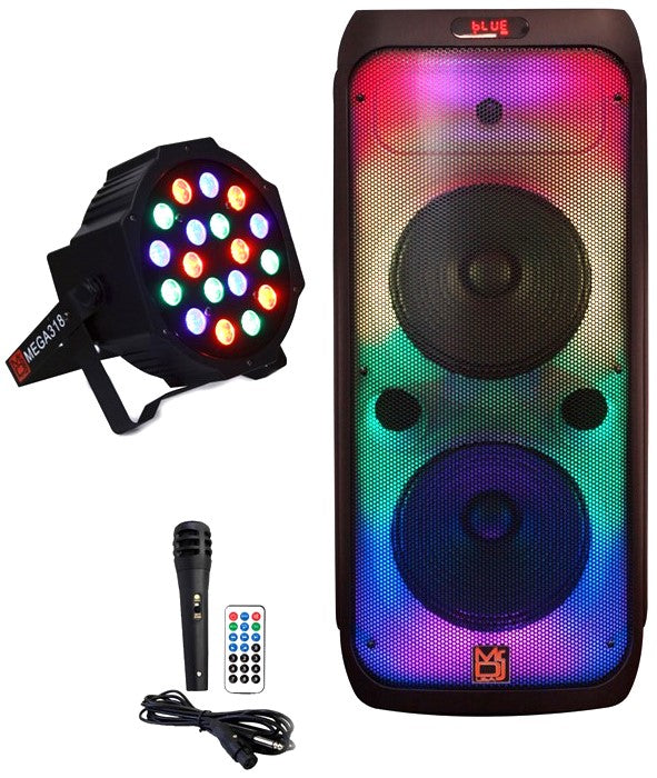 MR DJ FLAME3200 8" X 2 Rechargeable Portable Karaoke Speaker + 18-LED DJ Light