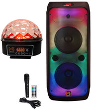 Load image into Gallery viewer, MR DJ FLAME4200 10" X 2 Rechargeable Portable Bluetooth Karaoke Speaker with Party Flame Lights Microphone TWS USB FM Radio + LED Crystal Magic Ball