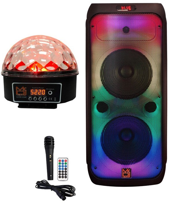 MR DJ FLAME3200 8" X 2 Rechargeable Portable Bluetooth Karaoke Speaker with Party Flame Lights Microphone TWS USB FM Radio + LED Crystal Magic Ball