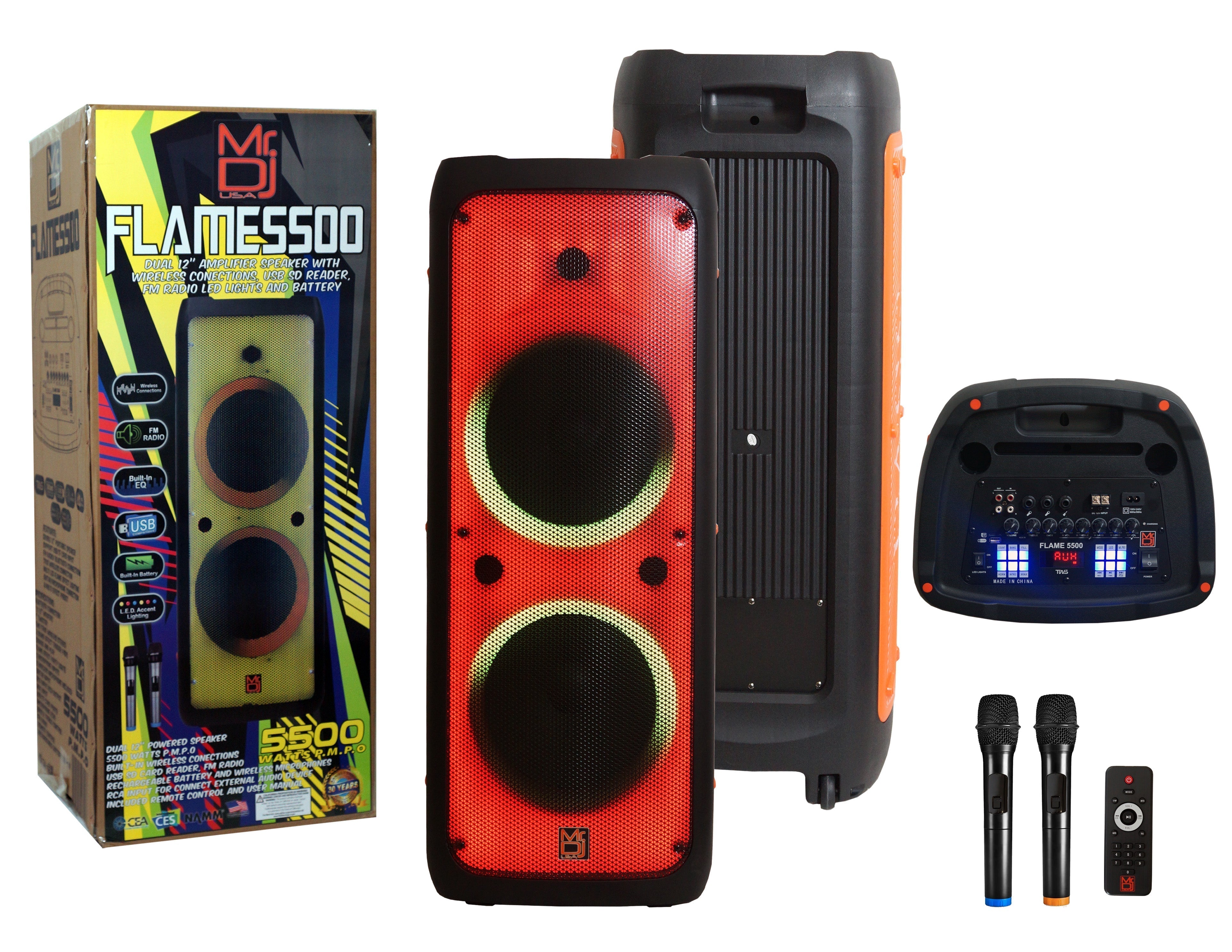 MR DJ FLAME5500LED 2 x 12" Bluetooth PA Party Speakers Liquid Crystal LED TWS FM USB