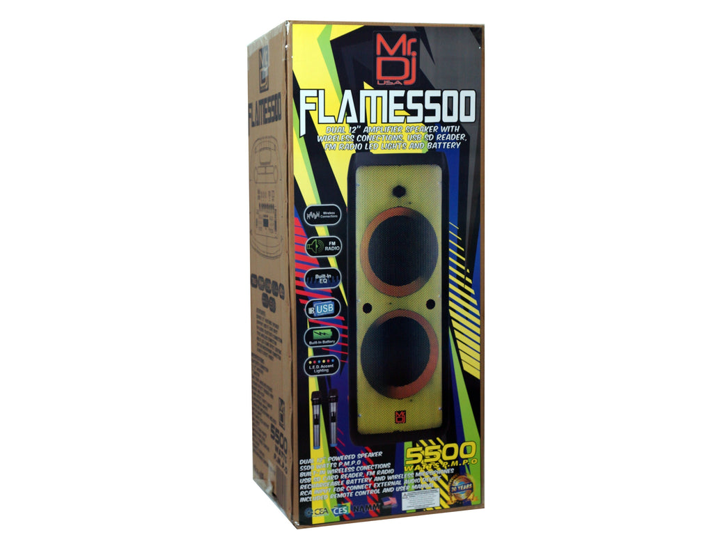 MR DJ FLAME5500LED DUAL 12" TWS Colorful Flame Lighting Rechargeable Bluetooth Speaker 5500 Watts