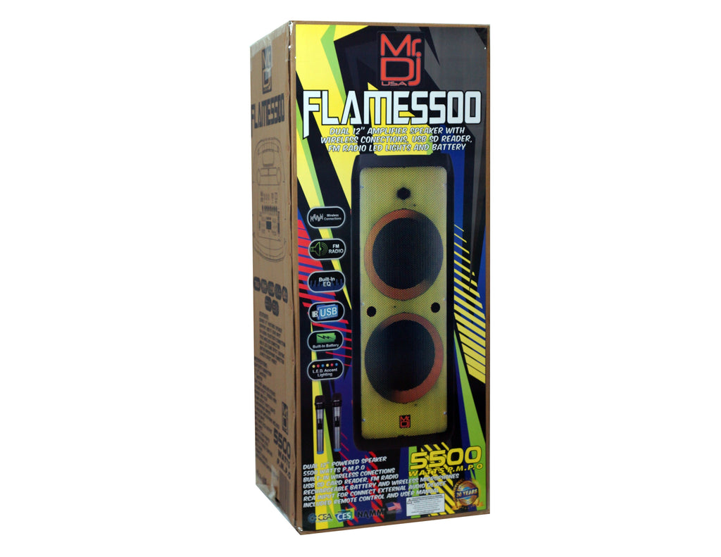 2 MR DJ FLAME5500LED Professional Portable Dual 12" 3-Way Full-Range Powered/Active DJ PA Multipurpose Live Sound Bluetooth Loudspeaker