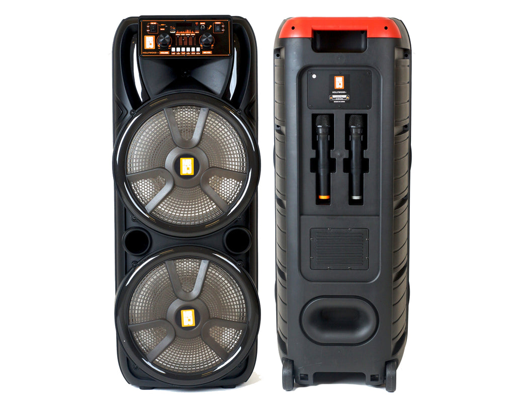 2 MR DJ HOLLYWOOD+ Dual 15" Rechargeable Portable Bluetooth Karaoke Speaker Party Flame Lights with 2 Wireless Microphone TWS USB FM Radio
