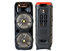 Load image into Gallery viewer, 2 MR DJ HOLLYWOOD+ Dual 15" Rechargeable Portable Bluetooth Karaoke Speaker Party Flame Lights with 2 Wireless Microphone TWS USB FM Radio