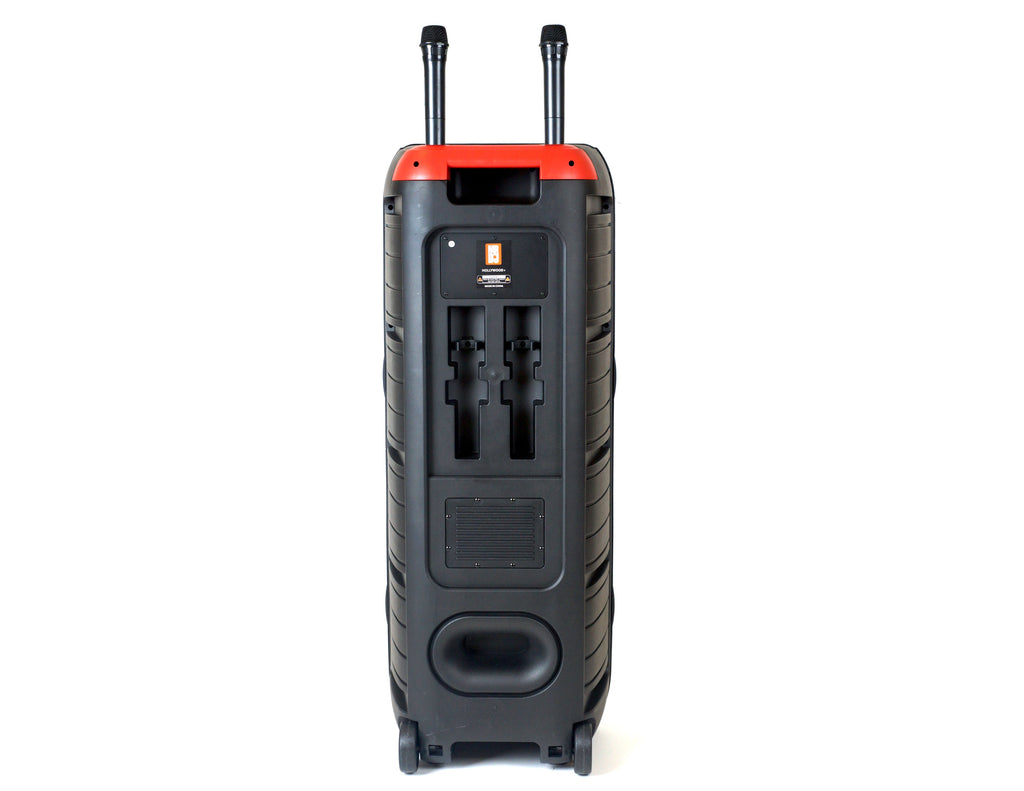 MR DJ HOLLYWOOD+ Dual 15" Rechargeable Portable Bluetooth Karaoke Speaker Party Flame Lights with 2 Wireless Microphone TWS USB FM Radio