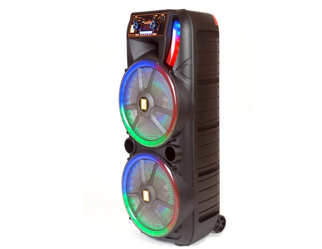 2 MR DJ HOLLYWOOD+ Dual 15" Rechargeable Portable Bluetooth Karaoke Speaker Party Flame Lights with 2 Wireless Microphone TWS USB FM Radio