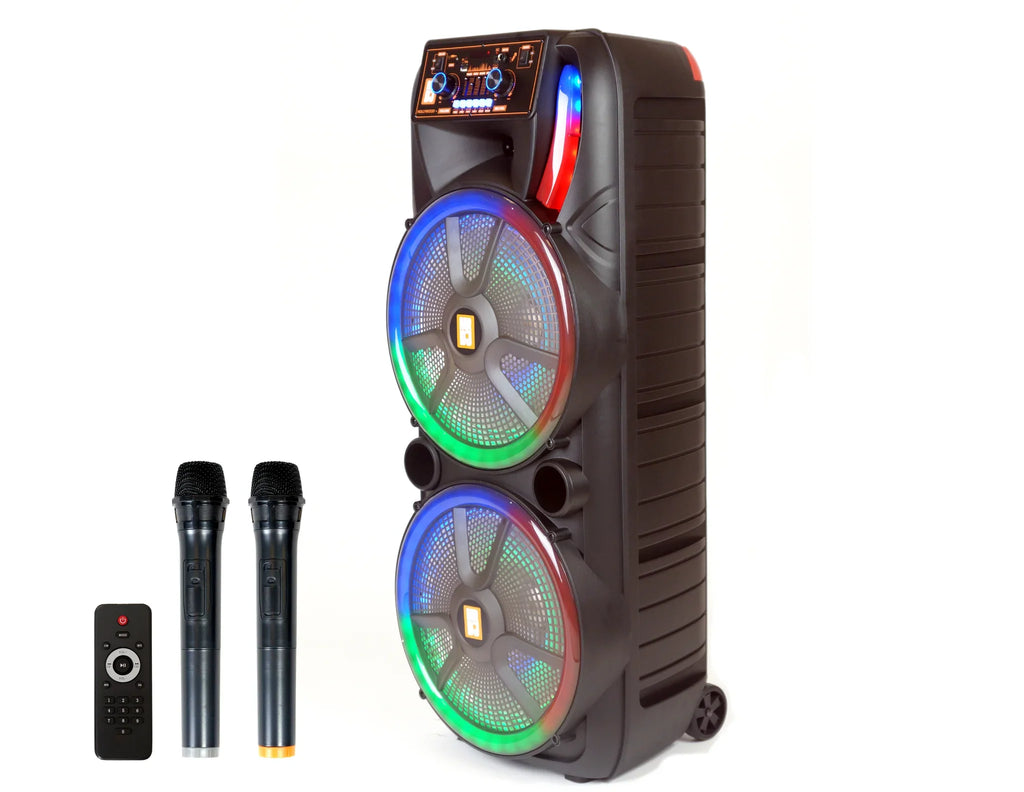 2 MR DJ HOLLYWOOD+ Dual 15" Rechargeable Portable Bluetooth Karaoke Speaker Party Flame Lights with 2 Wireless Microphone TWS USB FM Radio