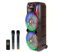 Load image into Gallery viewer, MR DJ HOLLYWOOD+ Dual 15" Rechargeable Portable Bluetooth Karaoke Speaker Party Flame Lights with 2 Wireless Microphone TWS USB FM Radio