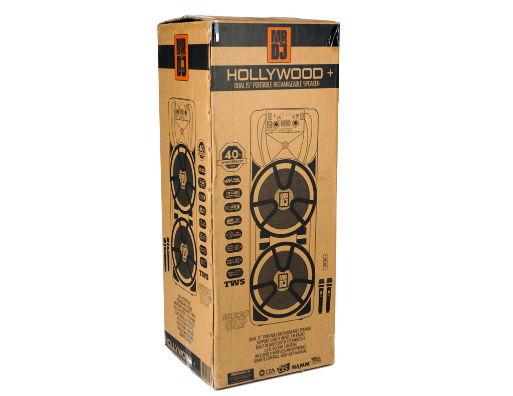 2 MR DJ HOLLYWOOD+ Dual 15" Rechargeable Portable Bluetooth Karaoke Speaker Party Flame Lights with 2 Wireless Microphone TWS USB FM Radio