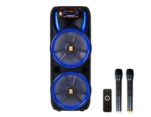 Load image into Gallery viewer, 2 MR DJ HOLLYWOOD+ Dual 15" Rechargeable Portable Bluetooth Karaoke Speaker Party Flame Lights with 2 Wireless Microphone TWS USB FM Radio