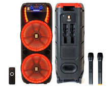 Load image into Gallery viewer, 2 MR DJ HOLLYWOOD+ Dual 15" Rechargeable Portable Bluetooth Karaoke Speaker Party Flame Lights with 2 Wireless Microphone TWS USB FM Radio