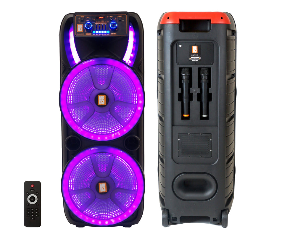 2 MR DJ HOLLYWOOD+ Dual 15" Rechargeable Portable Bluetooth Karaoke Speaker Party Flame Lights with 2 Wireless Microphone TWS USB FM Radio