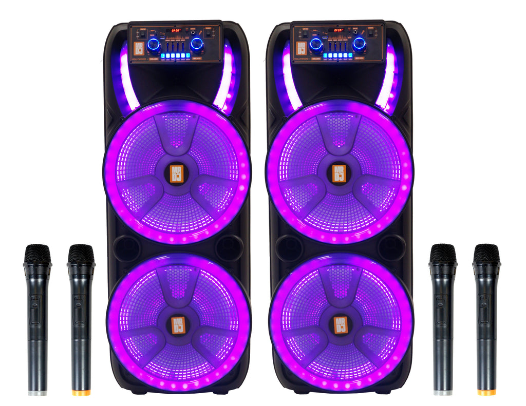 2 MR DJ HOLLYWOOD+ Dual 15" Rechargeable Portable Bluetooth Karaoke Speaker Party Flame Lights with 2 Wireless Microphone TWS USB FM Radio