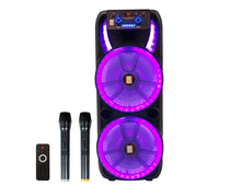 Load image into Gallery viewer, 2 MR DJ HOLLYWOOD+ Dual 15" Rechargeable Portable Bluetooth Karaoke Speaker Party Flame Lights with 2 Wireless Microphone TWS USB FM Radio