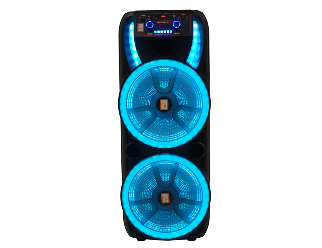 MR DJ HOLLYWOOD+ Dual 15" Rechargeable Portable Bluetooth Karaoke Speaker Party Flame Lights with 2 Wireless Microphone TWS USB FM Radio