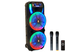 Load image into Gallery viewer, 2 MR DJ HOLLYWOOD+ Dual 15" Rechargeable Portable Bluetooth Karaoke Speaker Party Flame Lights with 2 Wireless Microphone TWS USB FM Radio