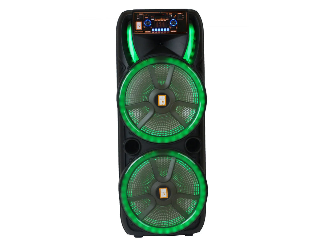 2 MR DJ HOLLYWOOD+ Dual 15" Rechargeable Portable Bluetooth Karaoke Speaker Party Flame Lights with 2 Wireless Microphone TWS USB FM Radio