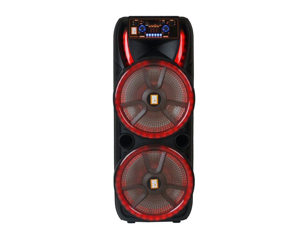 MR DJ HOLLYWOOD+ Dual 15" Rechargeable Portable Bluetooth Karaoke Speaker Party Flame Lights with 2 Wireless Microphone TWS USB FM Radio
