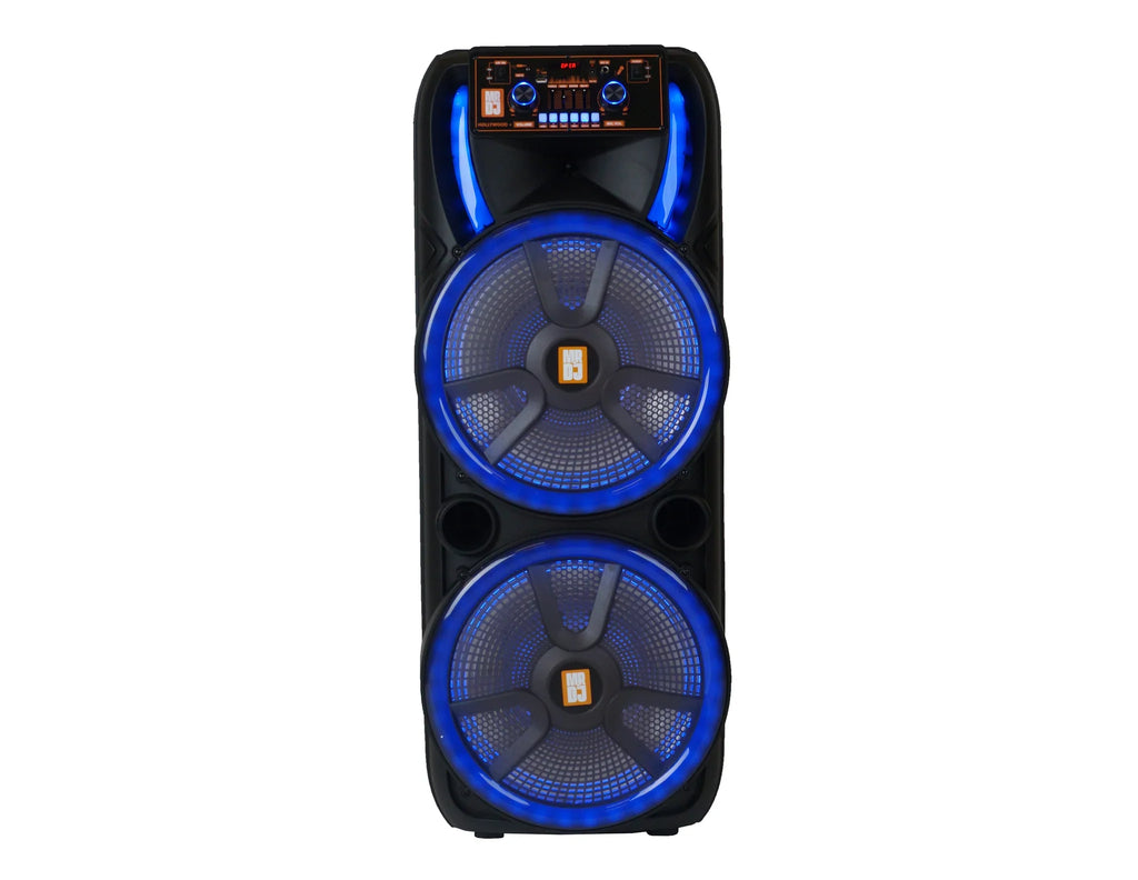 2 MR DJ HOLLYWOOD+ Dual 15" Rechargeable Portable Bluetooth Karaoke Speaker Party Flame Lights with 2 Wireless Microphone TWS USB FM Radio