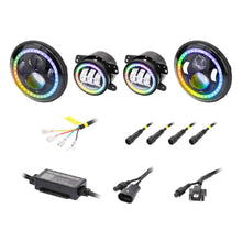 Load image into Gallery viewer, Jeep JP-707RGBKT Chasing Halo LED 7" Headlights &amp; 4" Fog Lights w/Controller