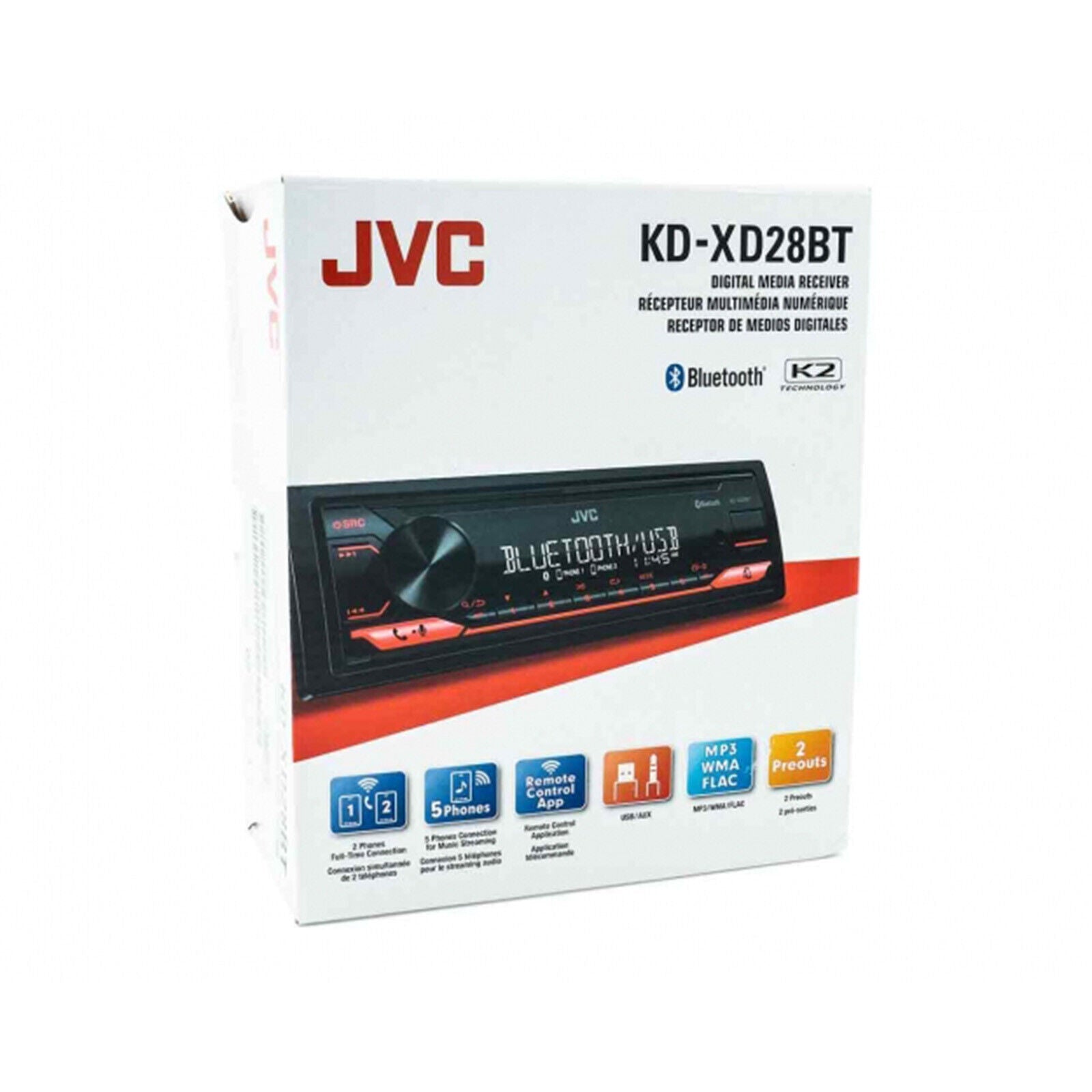 JVC KD-XD28BT Single DIN Digital Media Shallow Chasis Receiver Bluetooth and Dash Kit Harness Compatible with 1974-2004 Chrysler/Dodge/Jeep/Plymouth Vehicles