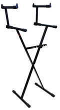Load image into Gallery viewer, MR DJ 2 Tier Double X Keyboard Stand with Adjustable Height Portable Two-Tier Stand with Locking Straps and High Strength Steel for Durability Ideal for Keyboards and Consoles