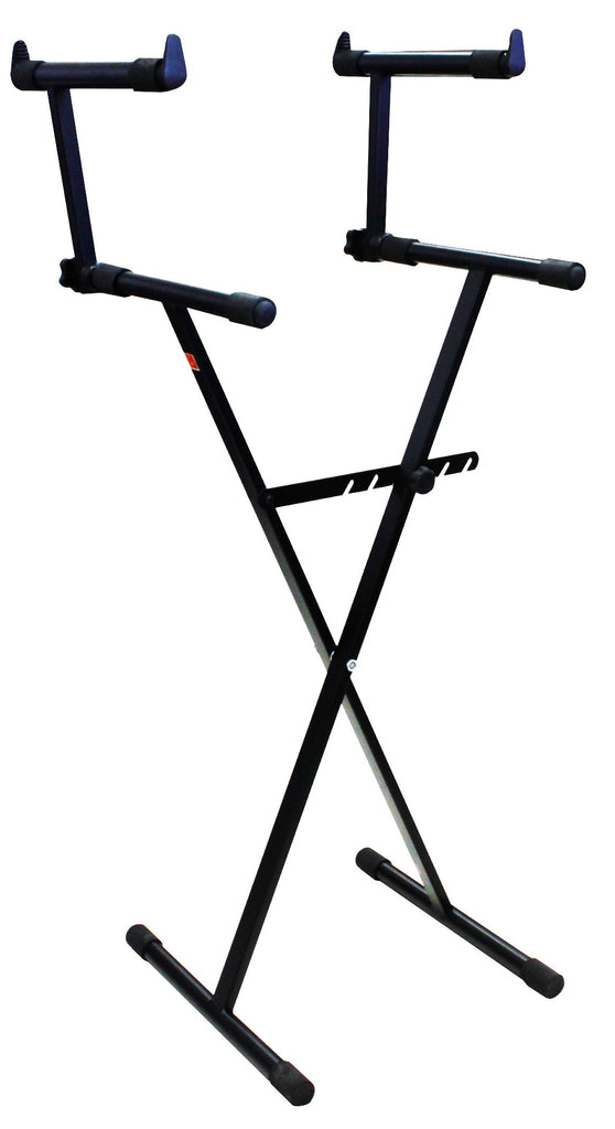 MR DJ 2 Tier Double X Keyboard Stand with Adjustable Height Portable Two-Tier Stand with Locking Straps and High Strength Steel for Durability Ideal for Keyboards and Consoles