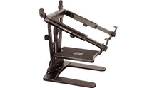 Load image into Gallery viewer, Ultimate Support LPT-1000QR Hyper Series Desktop and 5/8” Thread Mountable Laptop/DJ Stand with Angle-adjustable Telescoping Support Arms, Height-adjustable Second Tier, and QuickRelease™ Center Post