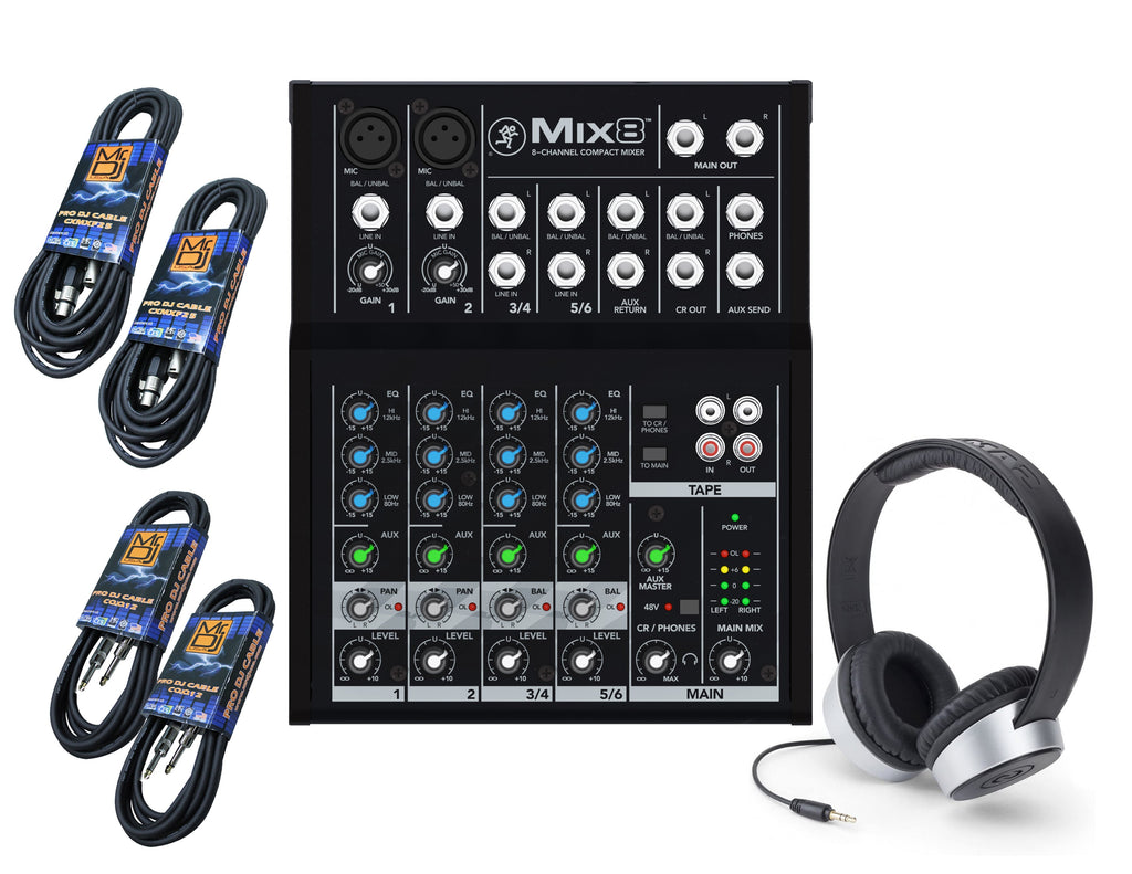 Mackie Mix8 8-Channel Compact Mixer Bundle with MR DJ Headphones, Two 1/4" TRS Cables &  XLR Cables