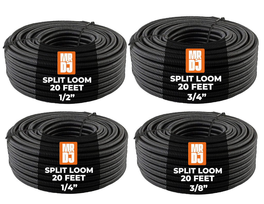 MR DJ 4-Pack 1/4", 3/8", 1/2", 3/4" x 20 Feet Each Split Wire Loom Convoluted Tubing