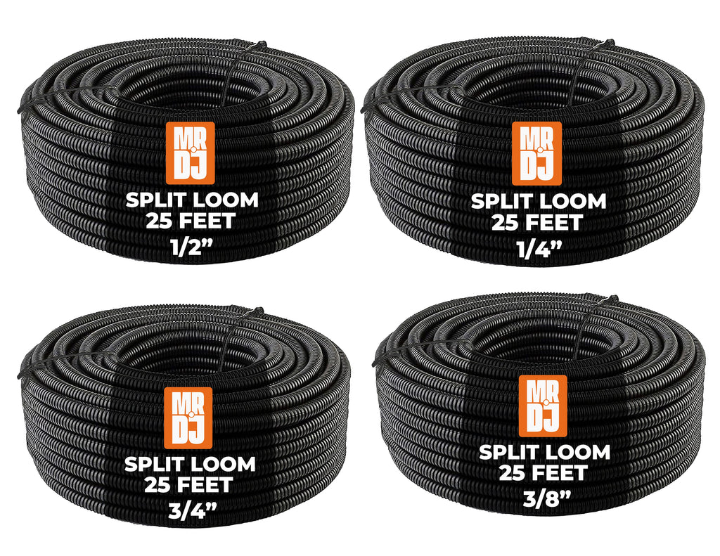 MR DJ 4-Pack 1/4", 3/8", 1/2", 3/4" x 25 Feet Each Split Wire Loom Convoluted Tubing