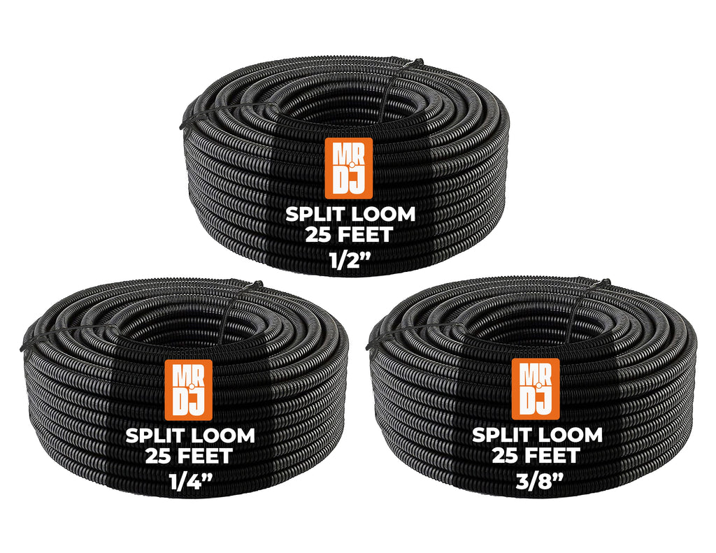 MR DJ 3-Pack 1/4", 3/8", 1/2" x 25 Feet Each Split Wire Loom Convoluted Tubing