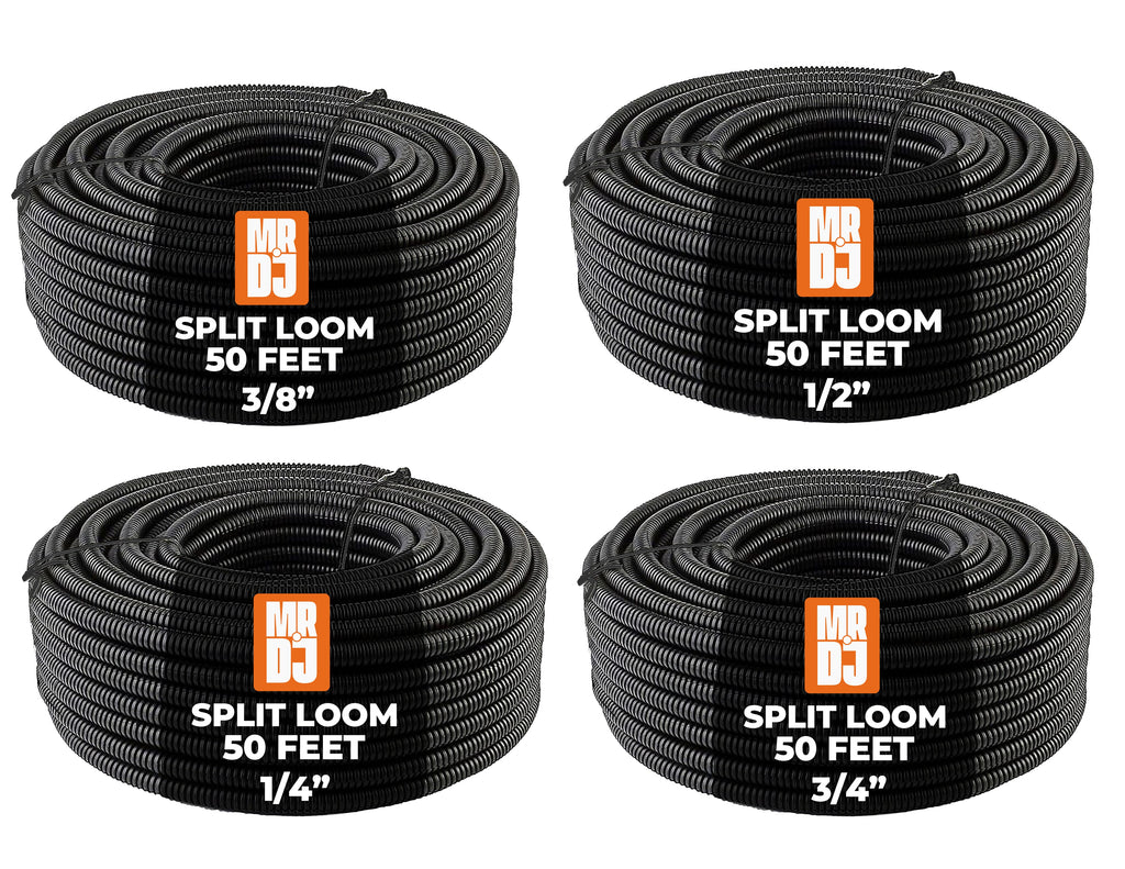 MR DJ 4-Pack 1/4", 3/8", 1/2", 3/4" x 50 Feet Each Split Wire Loom Convoluted Tubing