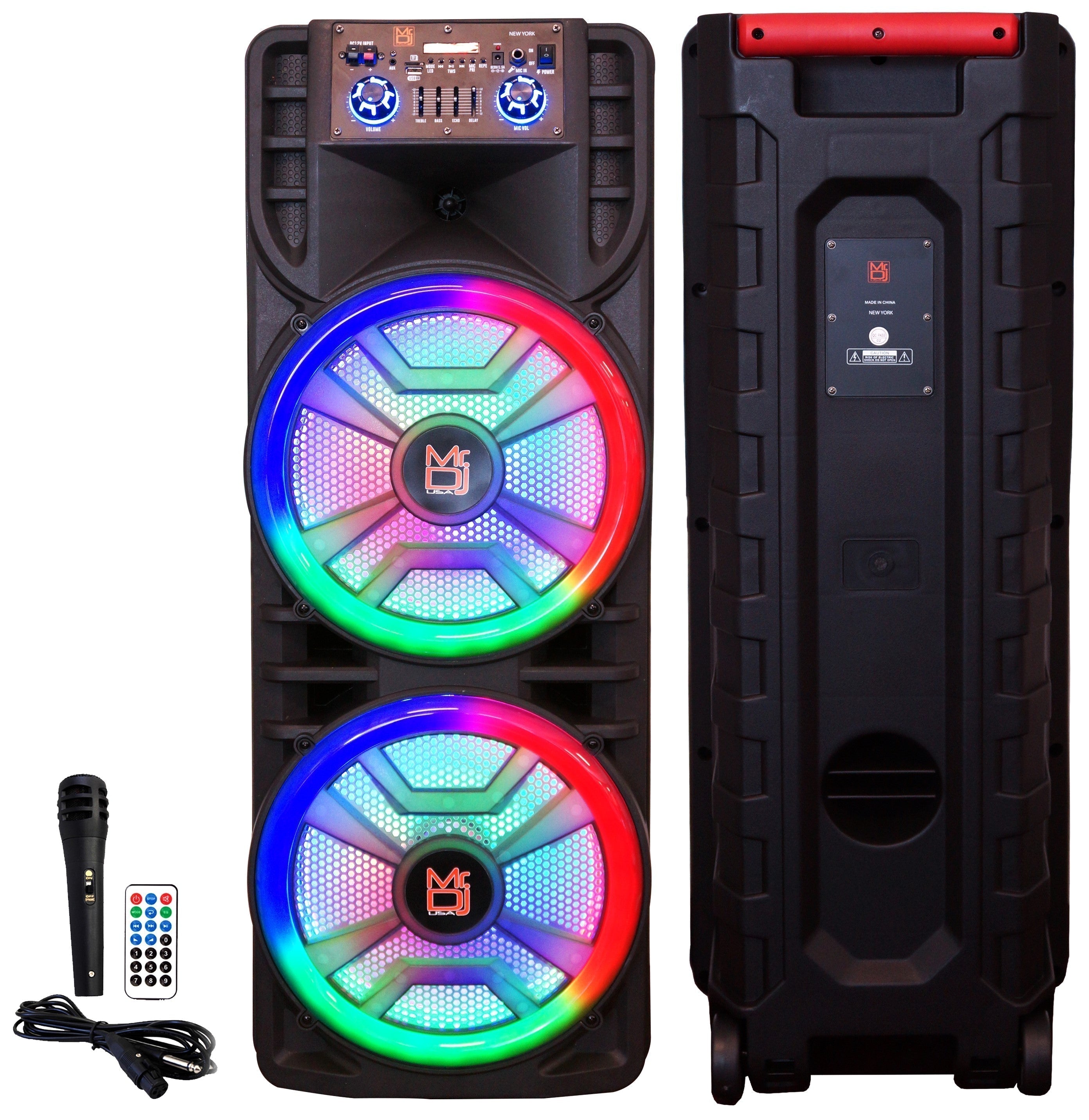 MR DJ NEWYORK+ 12" X 2 Rechargeable Portable Bluetooth Karaoke Speaker with Party Flame Lights Microphone TWS USB FM Radio + 18-LED Moving Head DJ Light