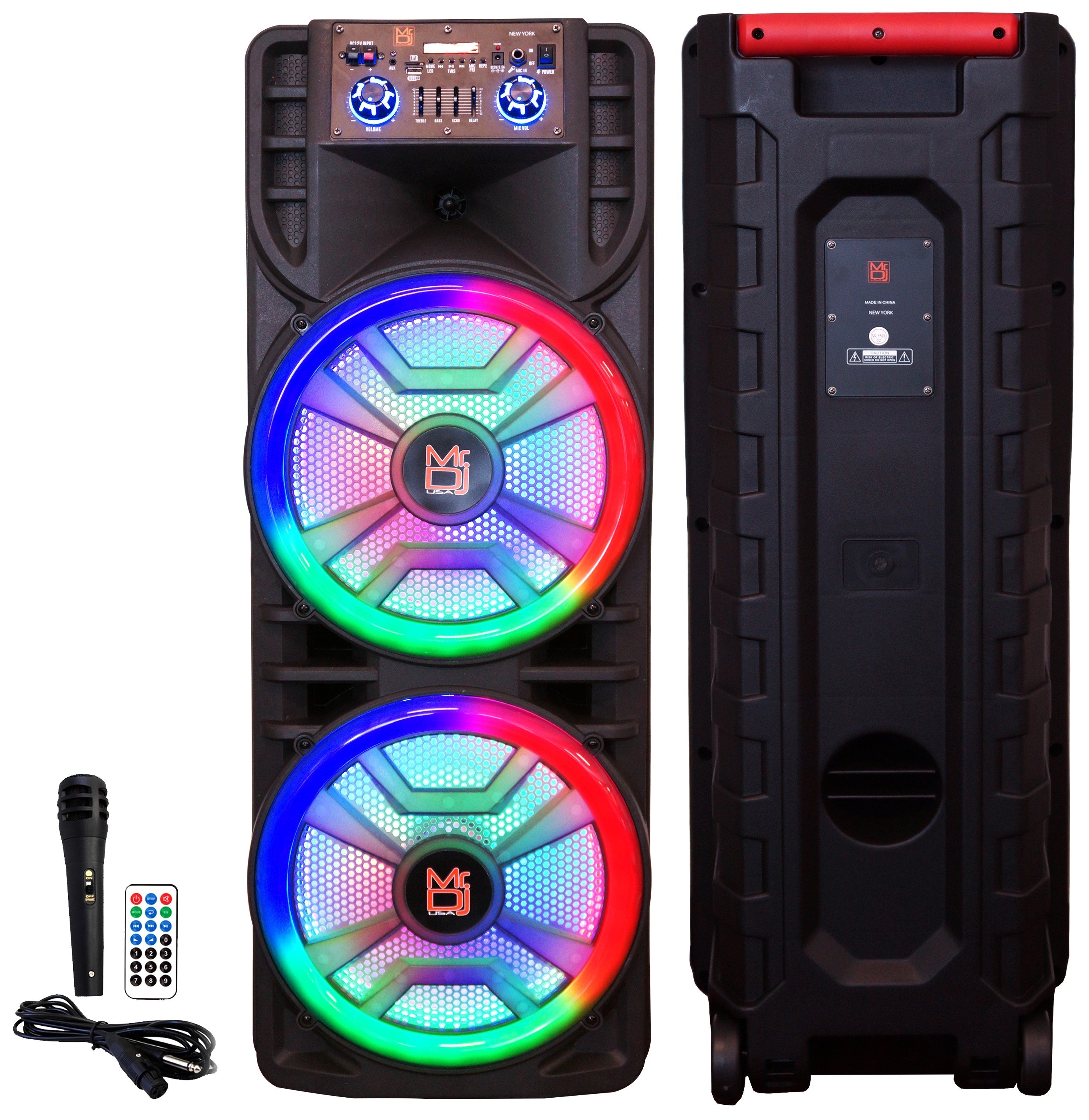 MR DJ NEWYORK+ 12" X 2 Rechargeable Portable Bluetooth Karaoke Speaker with Party Flame Lights Microphone TWS USB FM Radio