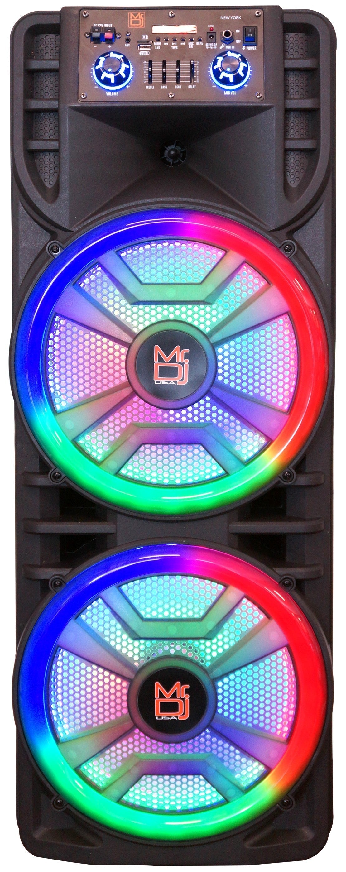 MR DJ NEWYORK+ 12" X 2 Rechargeable Portable Bluetooth Karaoke Speaker with Party Flame Lights Microphone TWS USB FM Radio + 54-LED Slim Par Wash DJ Light