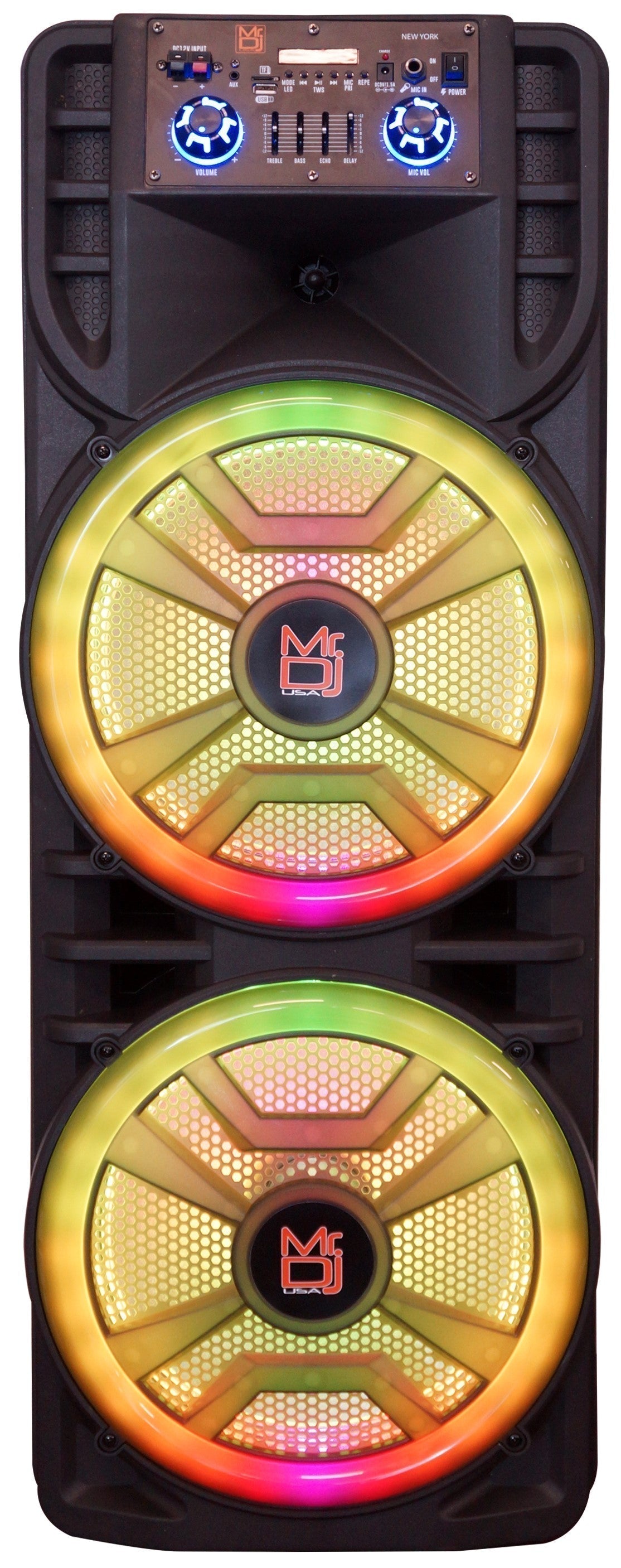 MR DJ NEWYORK+ 12" X 2 Rechargeable Portable Bluetooth Karaoke Speaker with Party Flame Lights Microphone TWS USB FM Radio + 18-LED Moving Head DJ Light