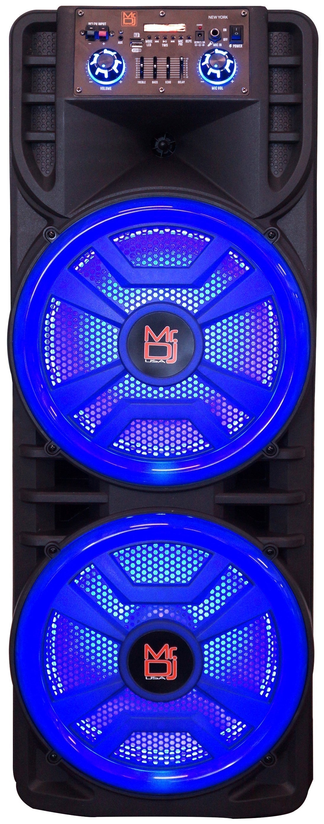 MR DJ NEWYORK+ 12" X 2 Rechargeable Portable Bluetooth Karaoke Speaker with Party Flame Lights Microphone TWS USB FM Radio + 18-LED Moving Head DJ Light