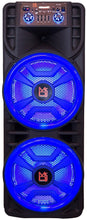 Load image into Gallery viewer, MR DJ NEWYORK+ 12" X 2 Rechargeable Portable Bluetooth Karaoke Speaker with Party Flame Lights Microphone TWS USB FM Radio + 18-LED Moving Head DJ Light