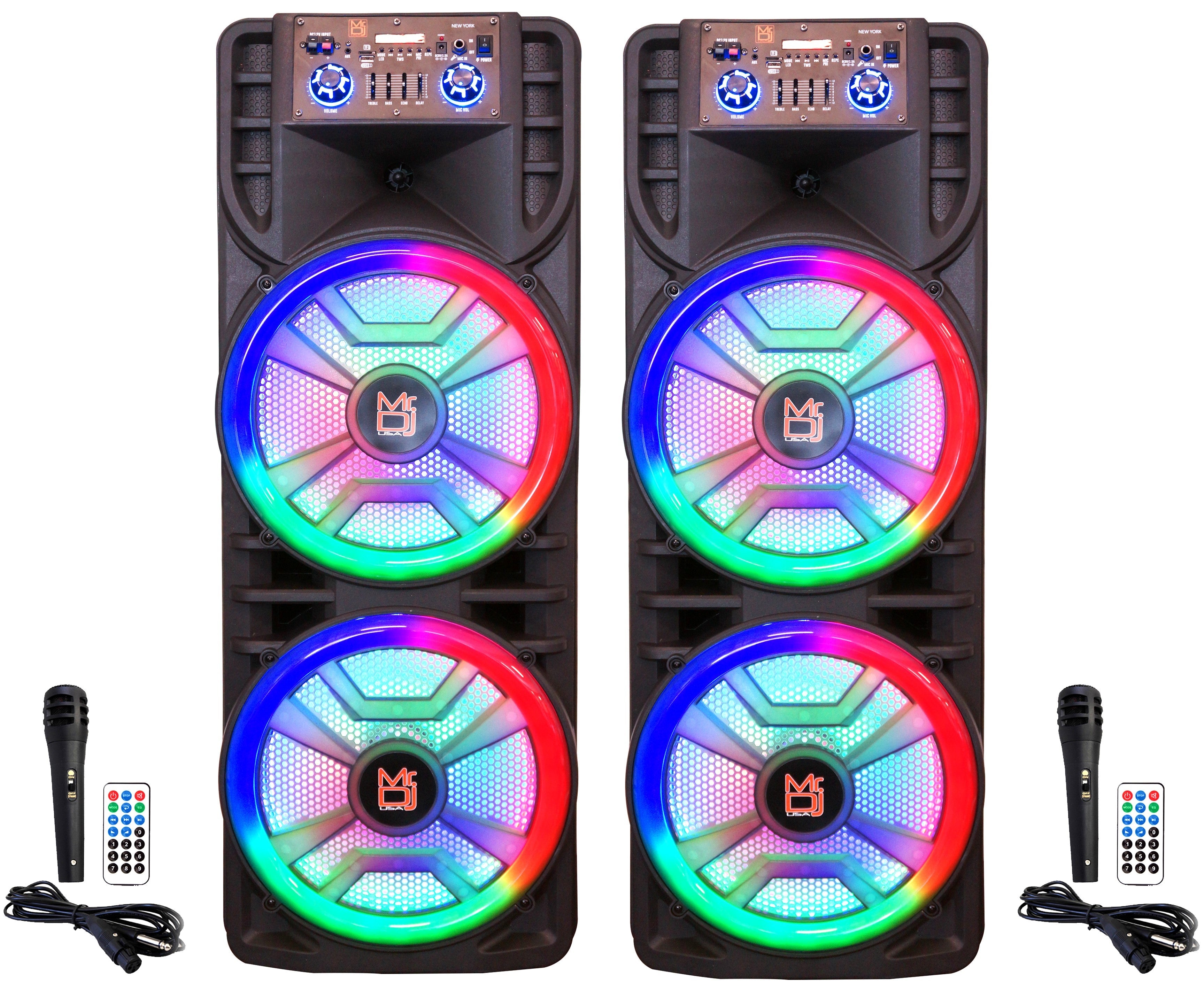 2 MR DJ NEWYORK+ 12" X 2 Rechargeable Portable Bluetooth Karaoke Speaker with Party Flame Lights Microphone TWS USB FM Radio