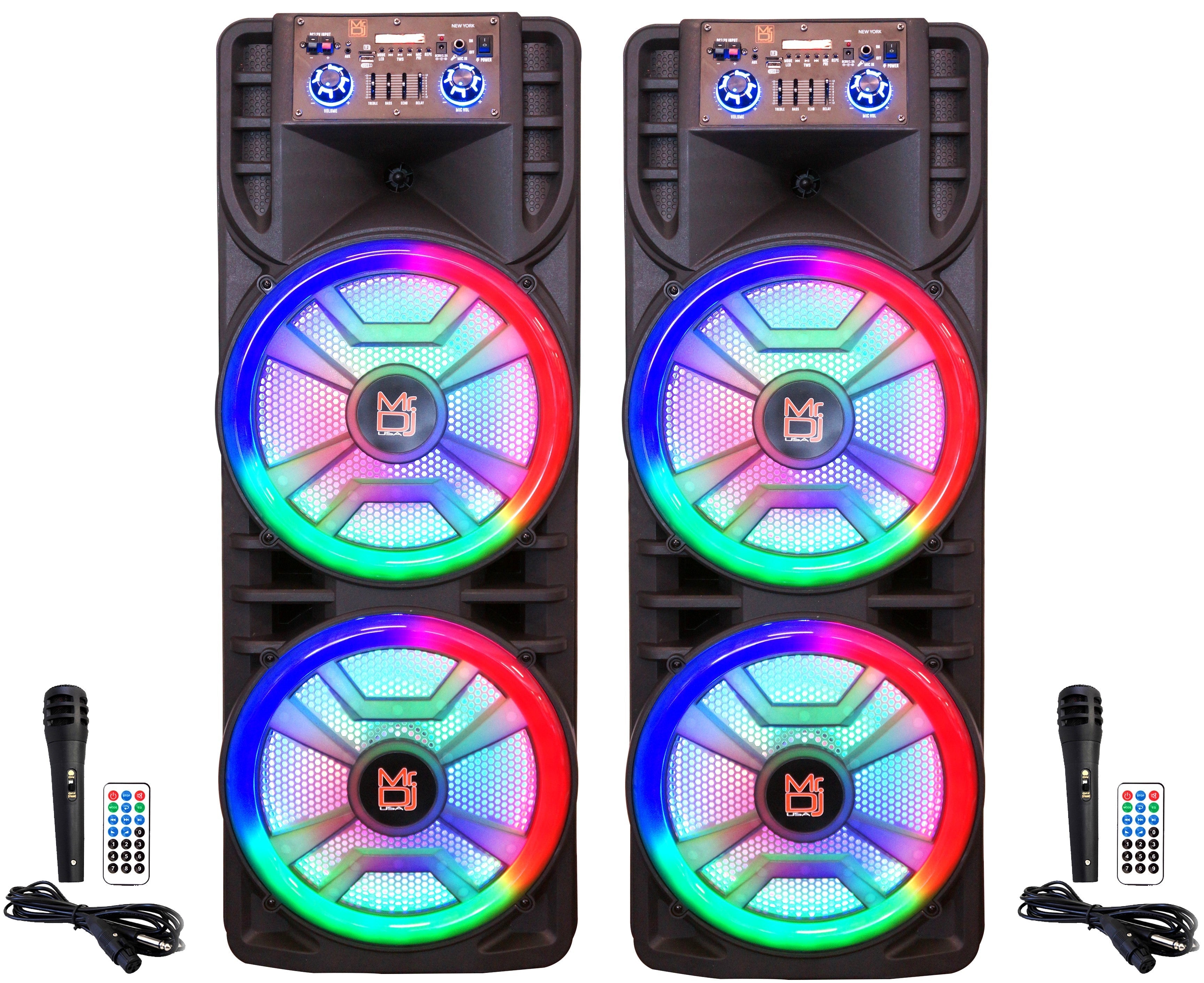 3 MR DJ NEWYORK+ 12" X 2 Rechargeable Portable Bluetooth Karaoke Speaker with Party Flame Lights Microphone TWS USB FM Radio