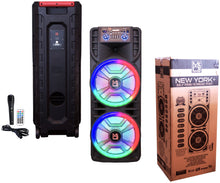 Load image into Gallery viewer, MR DJ NEWYORK+ 12" X 2 Rechargeable Portable Bluetooth Karaoke Speaker with Party Flame Lights Microphone TWS USB FM Radio + 54-LED Slim Par Wash DJ Light