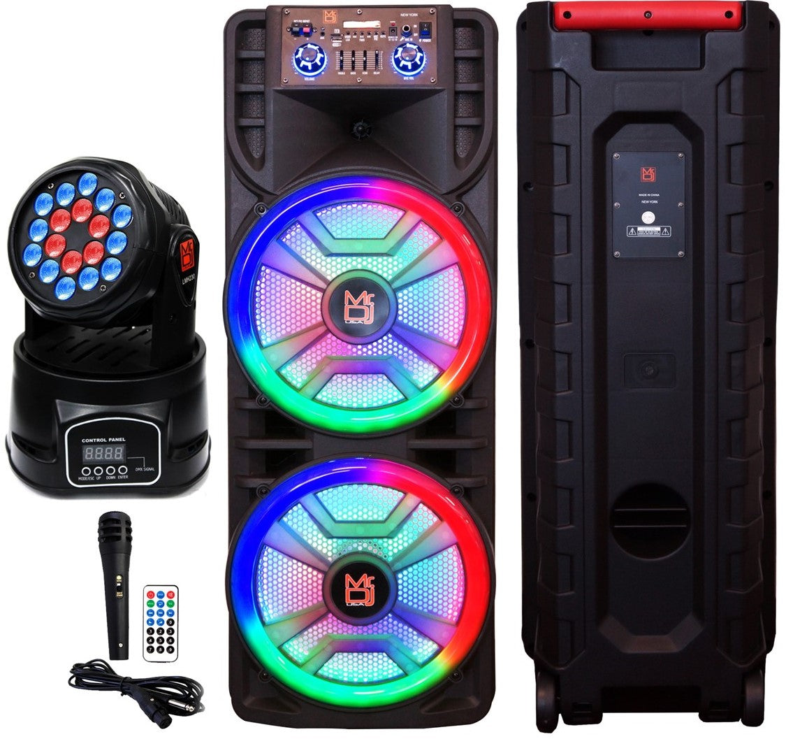 MR DJ NEWYORK+ 12" X 2 Rechargeable Portable Bluetooth Karaoke Speaker with Party Flame Lights Microphone TWS USB FM Radio + 18-LED Moving Head DJ Light