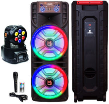 Load image into Gallery viewer, MR DJ NEWYORK+ 12" X 2 Rechargeable Portable Bluetooth Karaoke Speaker with Party Flame Lights Microphone TWS USB FM Radio + 7-LED Moving Head DJ Light