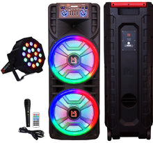 Load image into Gallery viewer, MR DJ NEWYORK+ 12" X 2 Rechargeable Portable Bluetooth Karaoke Speaker with Party Flame Lights Microphone TWS USB FM Radio + 18-LED Slim Par Wash DJ Light