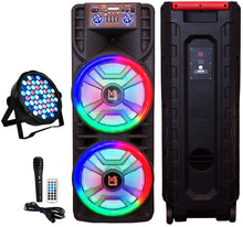 Load image into Gallery viewer, MR DJ NEWYORK+ 12" X 2 Rechargeable Portable Bluetooth Karaoke Speaker with Party Flame Lights Microphone TWS USB FM Radio + 54-LED Slim Par Wash DJ Light