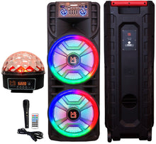 Load image into Gallery viewer, MR DJ NEWYORK+ 12" X 2 Rechargeable Portable Bluetooth Karaoke Speaker with Party Flame Lights Microphone TWS USB FM Radio + LED Crystal Magic Ball